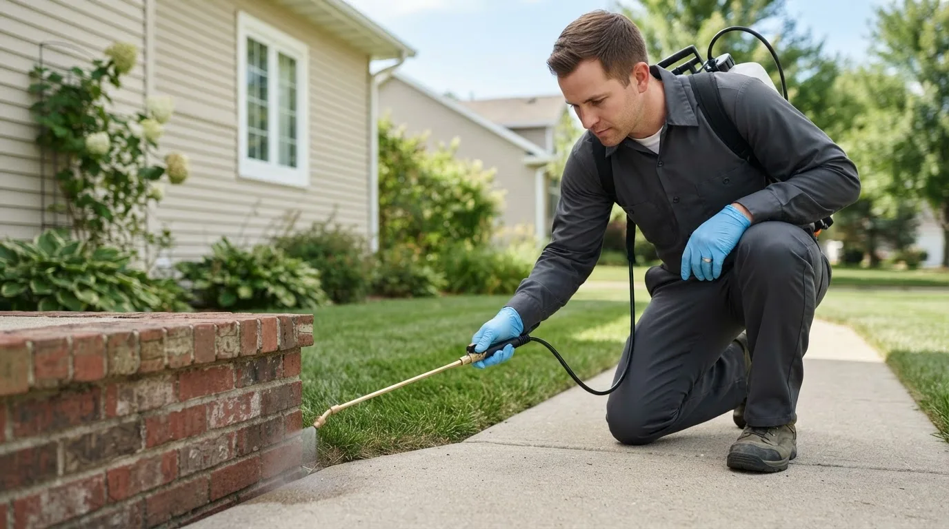 Pest control technician treating a home near Plainville, CT